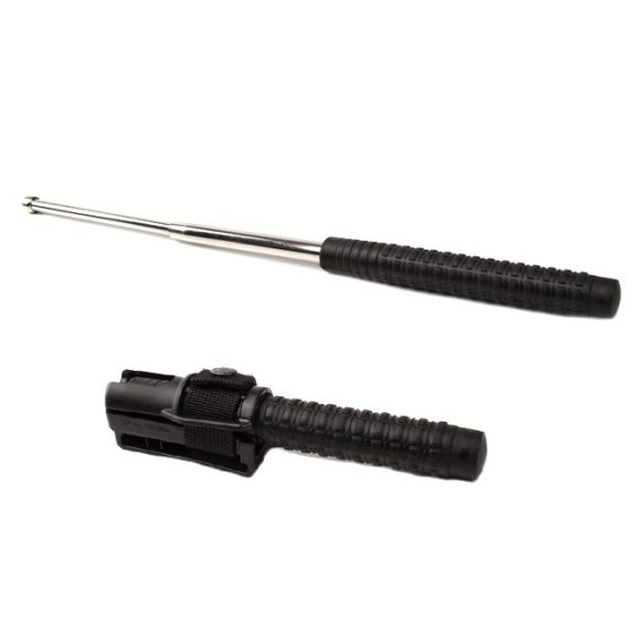Baston telescopic autoaparare din otel, 53 cm, 3 sectiuni, negru, cromat, maner cauciucat, teaca polimer