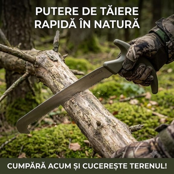 Fierăstrău de Vânătoare Profesional Parforce, Lamă 15.5cm din Oțel Inoxidabil, Mâner Ergonomic Anti-alunecare Olive